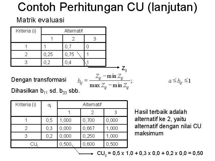 Contoh Perhitungan CU (lanjutan) Matrik evaluasi Kriteria (i) Alternatif 1 2 3 1 1 Contoh Perhitungan CU (lanjutan) Matrik evaluasi Kriteria (i) Alternatif 1 2 3 1 1
