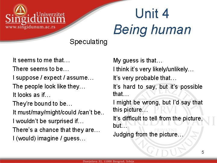 Unit 4 Being human Speculating It seems to me that… There seems to be…