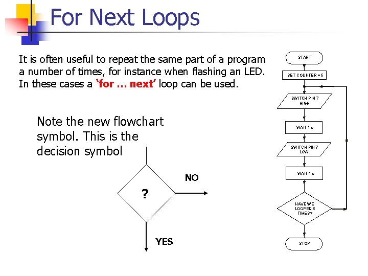 For Next Loops It is often useful to repeat the same part of a