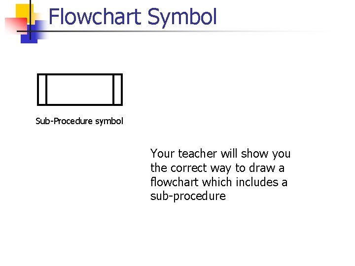 Flowchart Symbol Sub-Procedure symbol Your teacher will show you the correct way to draw