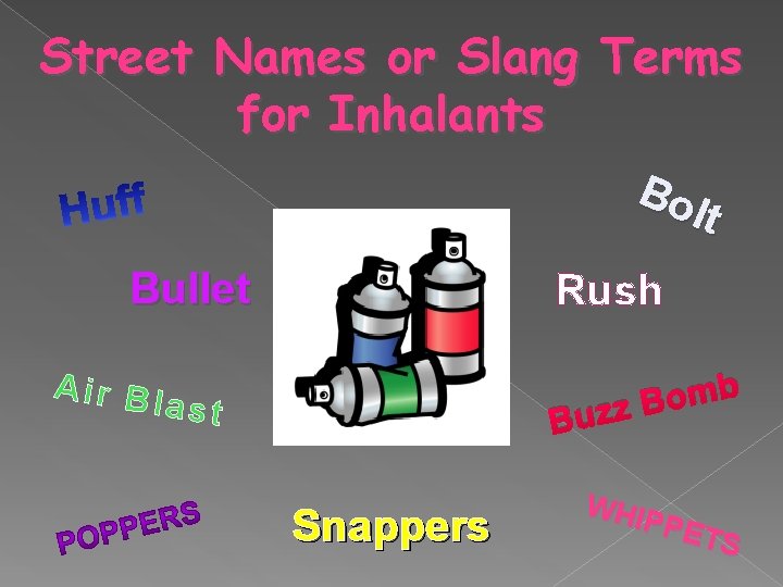 Street Names or Slang Terms for Inhalants Bo lt Bullet Rush Air Bl ast
