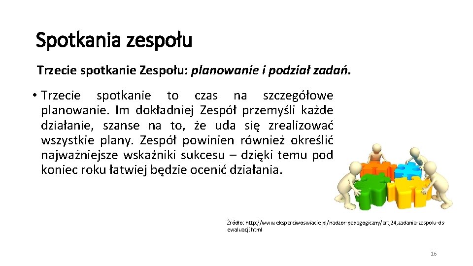 Spotkania zespołu Trzecie spotkanie Zespołu: planowanie i podział zadań. • Trzecie spotkanie to czas