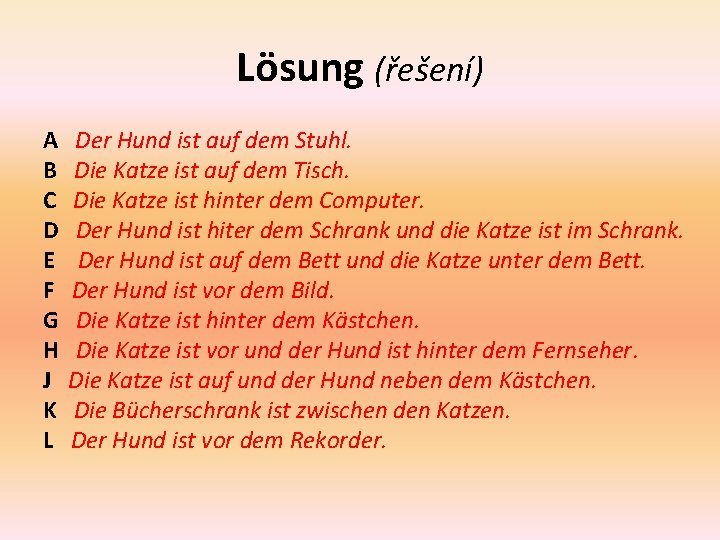 Lösung (řešení) A Der Hund ist auf dem Stuhl. B Die Katze ist auf