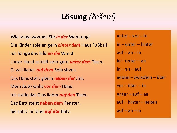 Lösung (řešení) Wie lange wohnen Sie in der Wohnung? unter – vor – in
