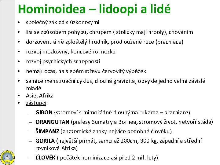 Hominoidea – lidoopi a lidé • společný základ s úzkonosými • liší se způsobem