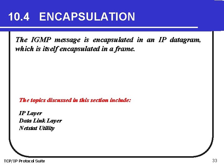 10. 4 ENCAPSULATION The IGMP message is encapsulated in an IP datagram, which is