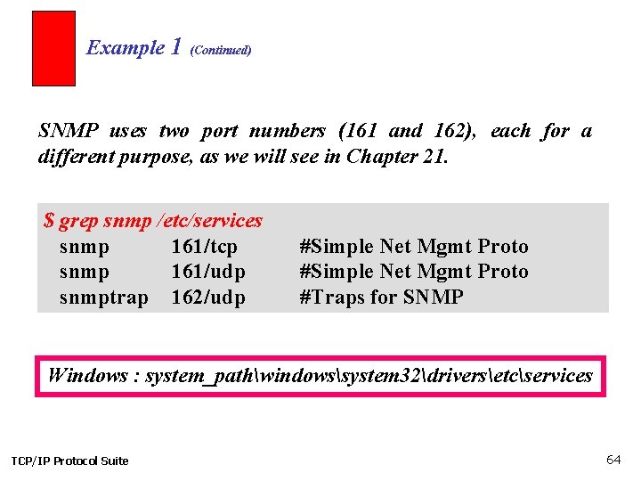 Example 1 (Continued) SNMP uses two port numbers (161 and 162), each for a