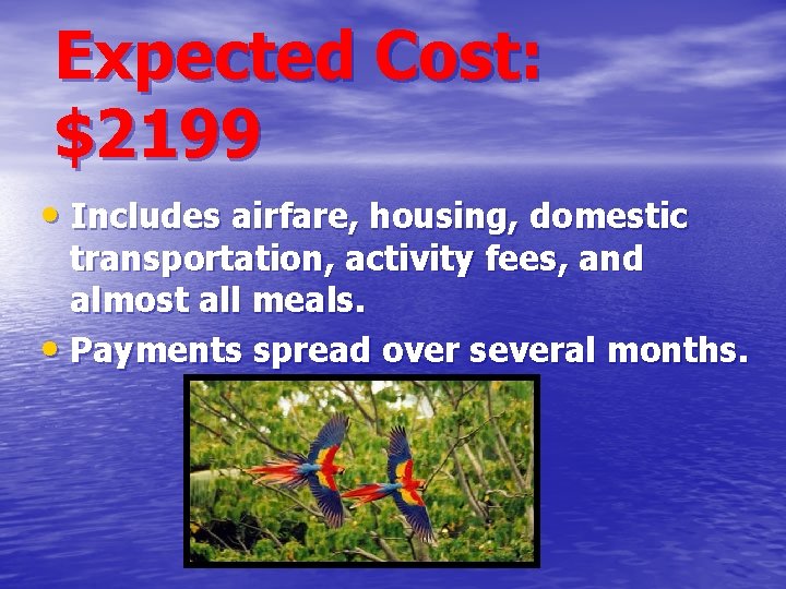 Expected Cost: $2199 • Includes airfare, housing, domestic transportation, activity fees, and almost all