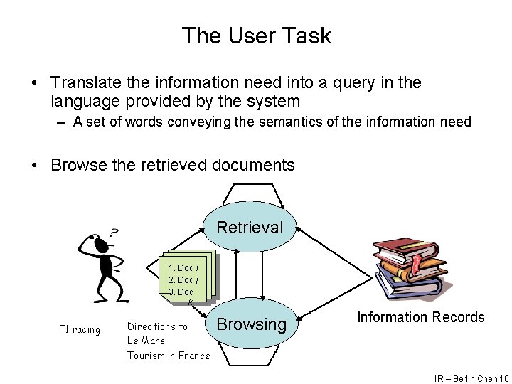 The User Task • Translate the information need into a query in the language