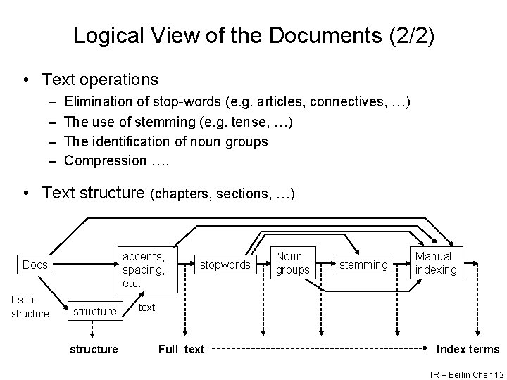 Logical View of the Documents (2/2) • Text operations – – Elimination of stop-words