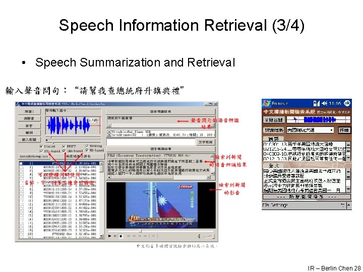Speech Information Retrieval (3/4) • Speech Summarization and Retrieval IR – Berlin Chen 28