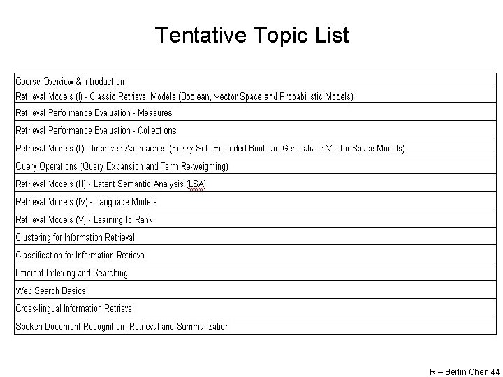 Tentative Topic List IR – Berlin Chen 44 