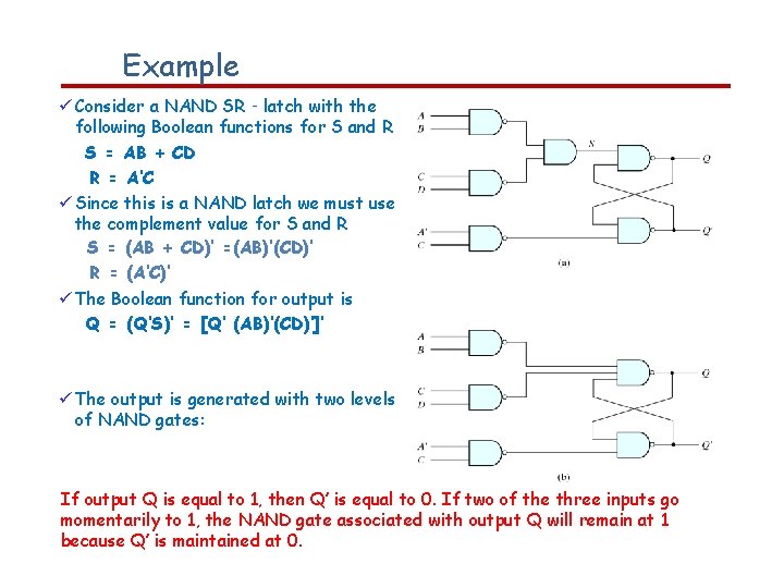 Example Consider a NAND SR‐latch with the following Boolean functions for S and R