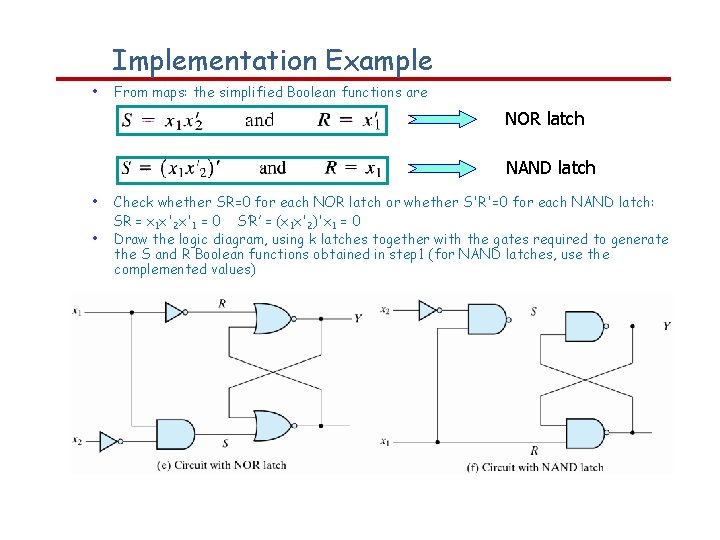 Implementation Example • From maps: the simplified Boolean functions are NOR latch NAND latch