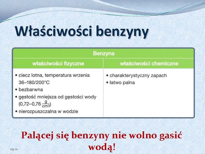 Właściwości benzyny 09: 21 Palącej się benzyny nie wolno gasić wodą! 