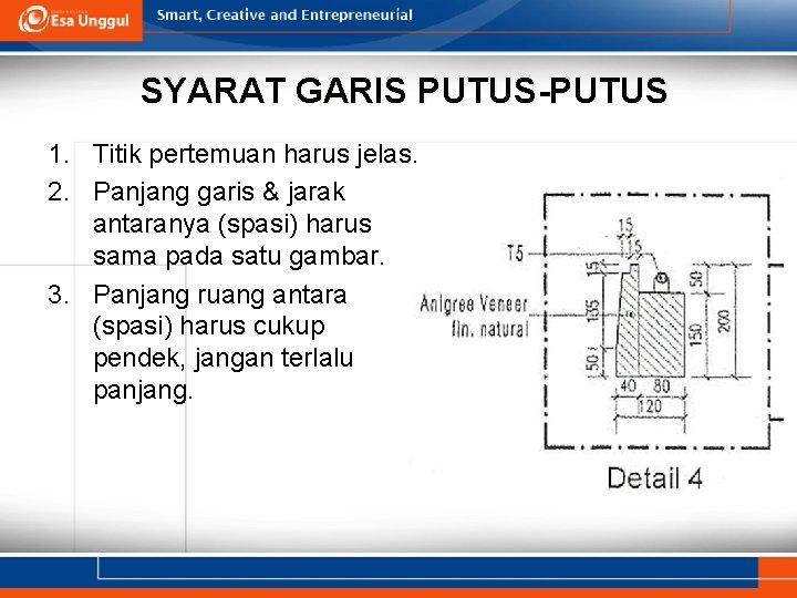 SYARAT GARIS PUTUS-PUTUS 1. Titik pertemuan harus jelas. 2. Panjang garis & jarak antaranya