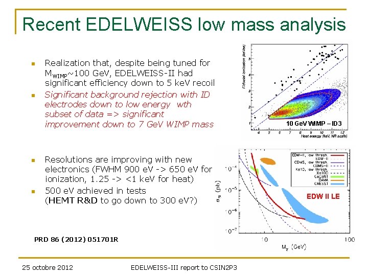 Recent EDELWEISS low mass analysis n n Realization that, despite being tuned for MWIMP~100