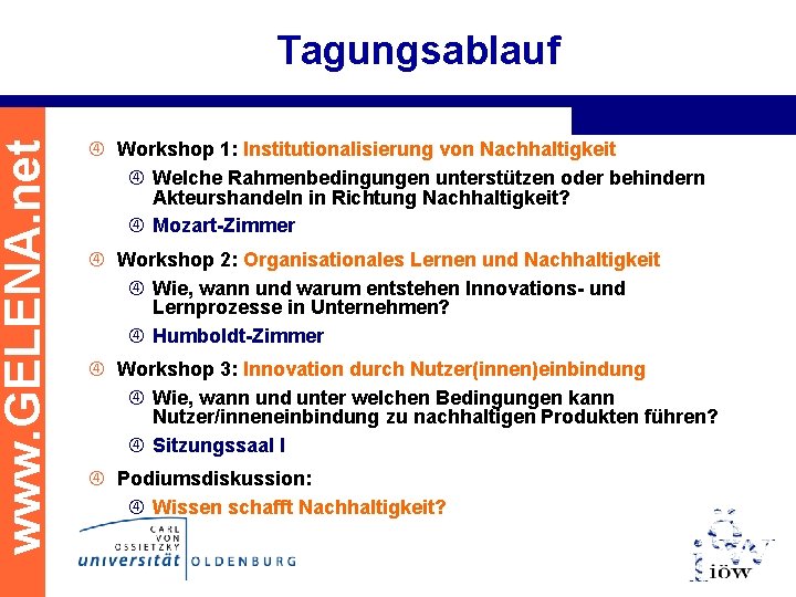 www. GELENA. net Tagungsablauf Workshop 1: Institutionalisierung von Nachhaltigkeit Welche Rahmenbedingungen unterstützen oder behindern