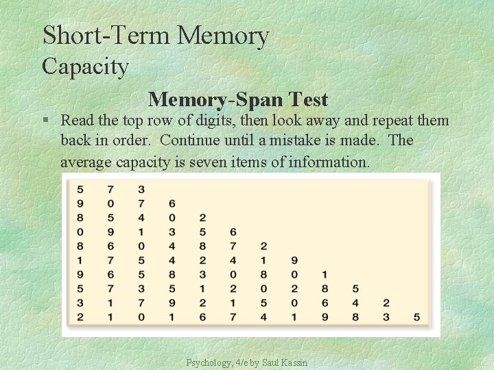 Short-Term Memory Capacity Memory-Span Test § Read the top row of digits, then look