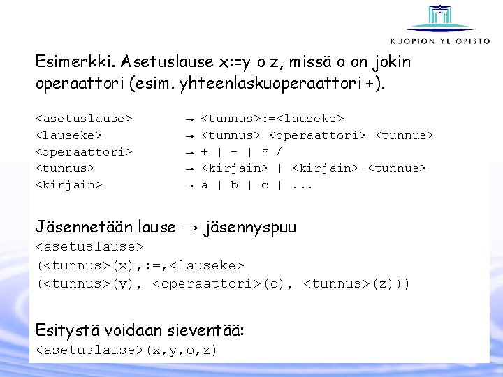 Esimerkki. Asetuslause x: =y o z, missä o on jokin operaattori (esim. yhteenlaskuoperaattori +).