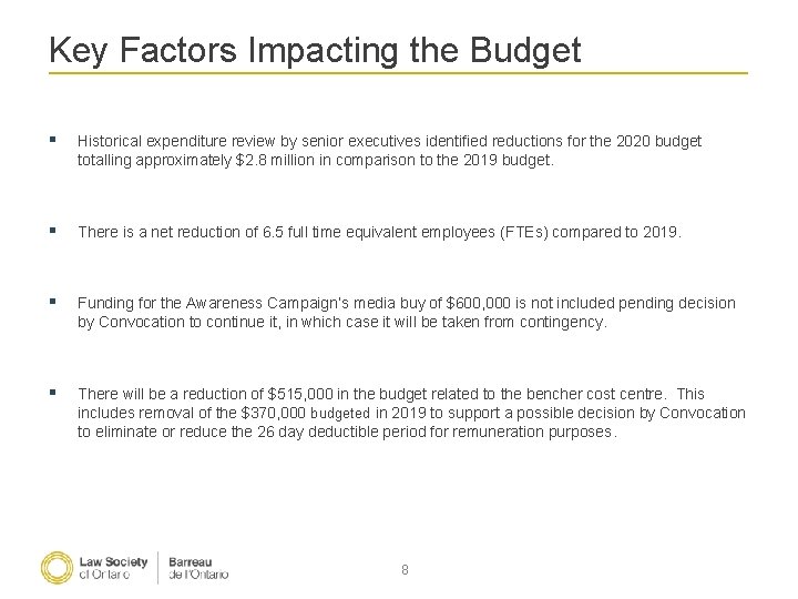 Key Factors Impacting the Budget § Historical expenditure review by senior executives identified reductions