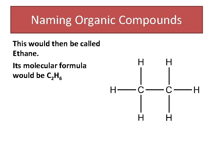 Naming Organic Compounds This would then be called Ethane. Its molecular formula would be Naming Organic Compounds This would then be called Ethane. Its molecular formula would be