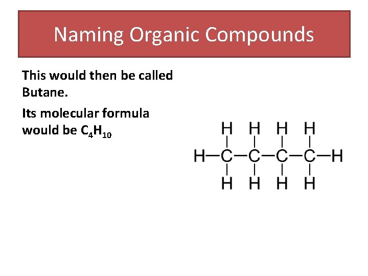 Naming Organic Compounds This would then be called Butane. Its molecular formula would be Naming Organic Compounds This would then be called Butane. Its molecular formula would be