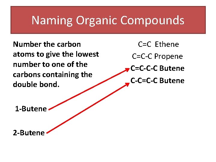 Naming Organic Compounds Number the carbon atoms to give the lowest number to one Naming Organic Compounds Number the carbon atoms to give the lowest number to one