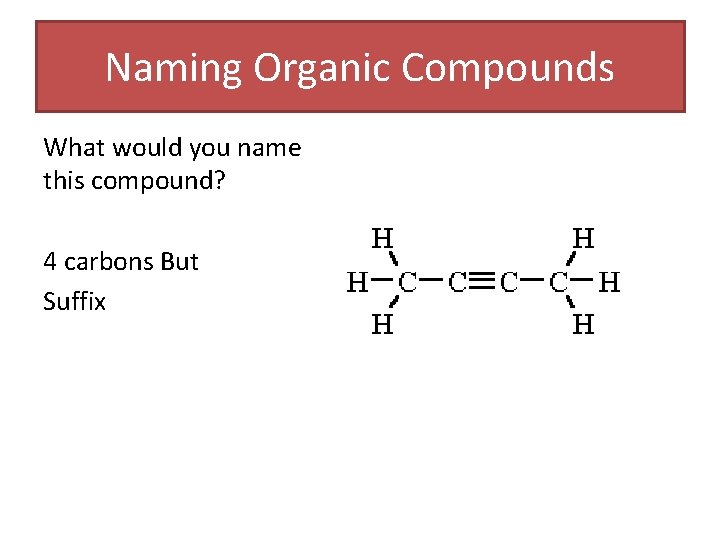 Naming Organic Compounds What would you name this compound? 4 carbons But Suffix Naming Organic Compounds What would you name this compound? 4 carbons But Suffix