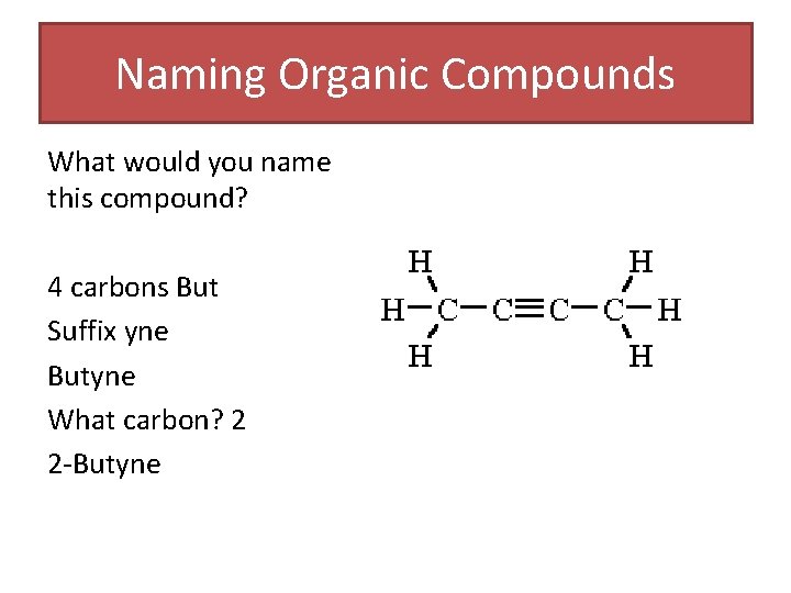Naming Organic Compounds What would you name this compound? 4 carbons But Suffix yne Naming Organic Compounds What would you name this compound? 4 carbons But Suffix yne