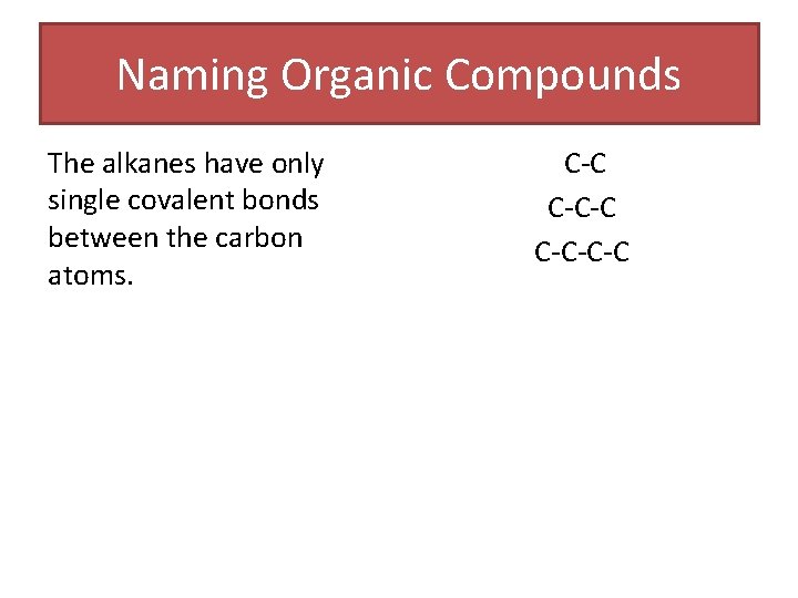 Naming Organic Compounds The alkanes have only single covalent bonds between the carbon atoms. Naming Organic Compounds The alkanes have only single covalent bonds between the carbon atoms.