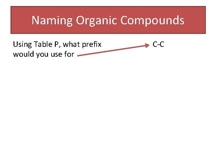 Naming Organic Compounds Using Table P, what prefix would you use for C-C Naming Organic Compounds Using Table P, what prefix would you use for C-C