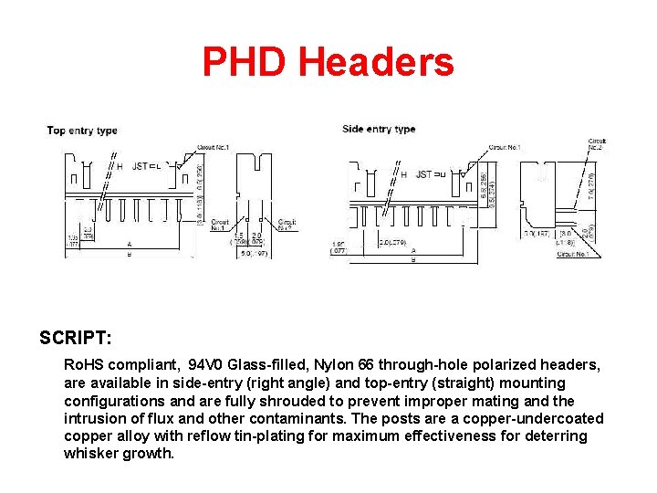 PHD Headers SCRIPT: Ro. HS compliant, 94 V 0 Glass-filled, Nylon 66 through-hole polarized