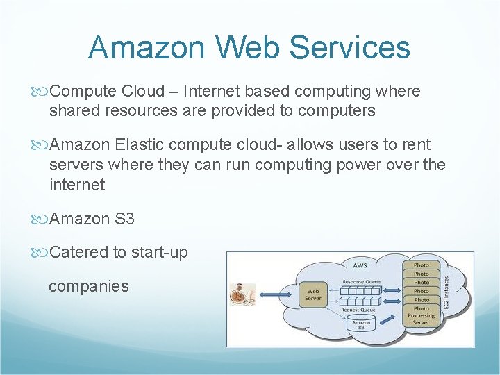 Amazon Web Services Compute Cloud – Internet based computing where shared resources are provided