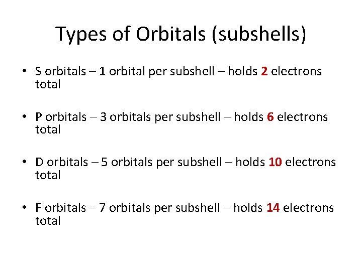 Types of Orbitals (subshells) • S orbitals – 1 orbital per subshell – holds Types of Orbitals (subshells) • S orbitals – 1 orbital per subshell – holds