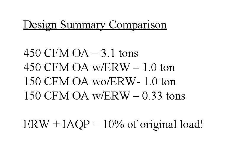 Design Summary Comparison 450 CFM OA – 3. 1 tons 450 CFM OA w/ERW