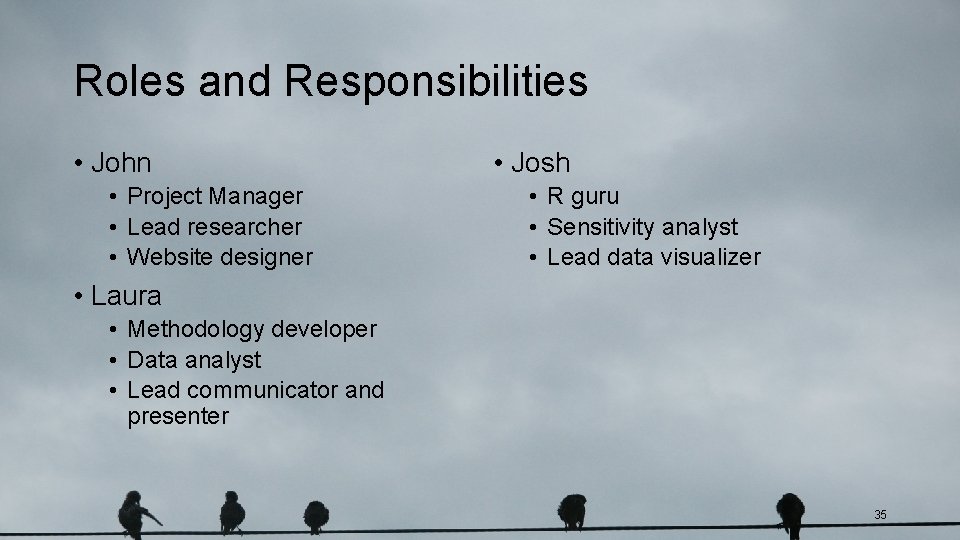 Roles and Responsibilities • John • Project Manager • Lead researcher • Website designer