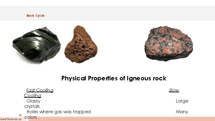 © Kesler. Science. co Rock Cycle Physical Properties of Igneous rock Fast Cooling Glassy