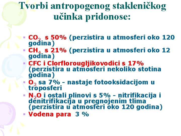 Tvorbi antropogenog stakleničkog učinka pridonose: § CO 2 s 50% (perzistira u atmosferi oko