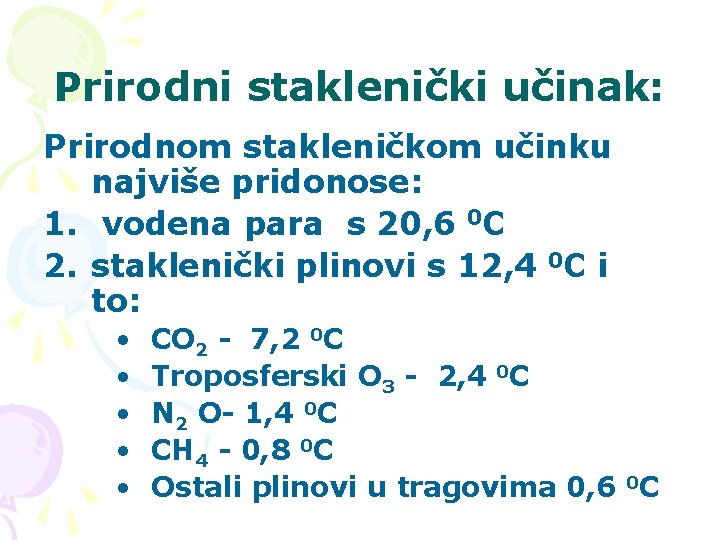 Prirodni staklenički učinak: Prirodnom stakleničkom učinku najviše pridonose: 1. vodena para s 20, 6