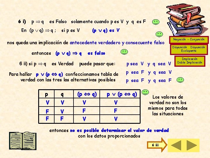 6 i) p q es Falso solamente cuando p es V y q es 6 i) p q es Falso solamente cuando p es V y q es