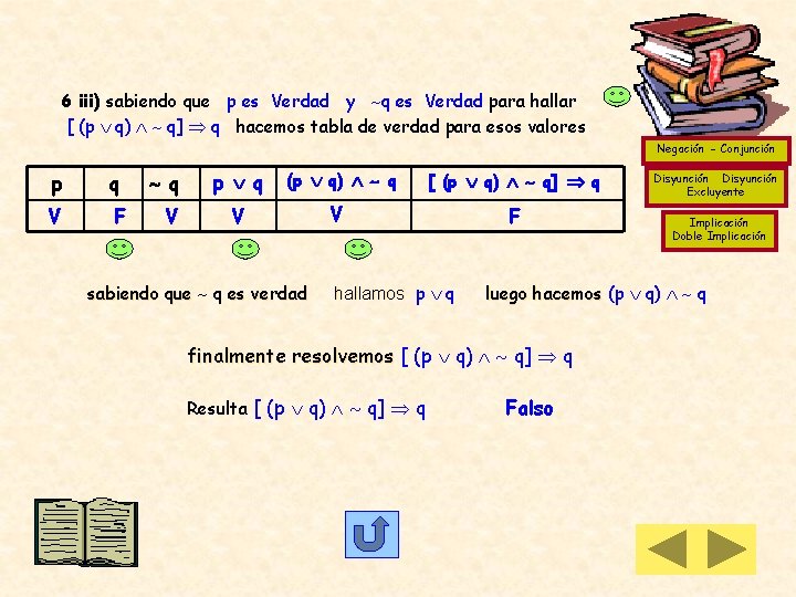 6 iii) sabiendo que p es Verdad y q es Verdad para hallar [