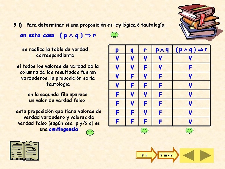 9 i) Para determinar si una proposición es ley lógica ó tautología, en este 9 i) Para determinar si una proposición es ley lógica ó tautología, en este