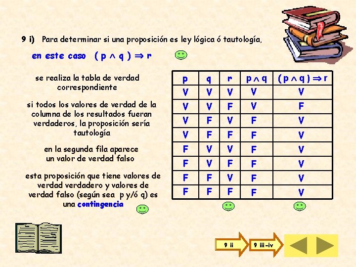 9 i) Para determinar si una proposición es ley lógica ó tautología, en este