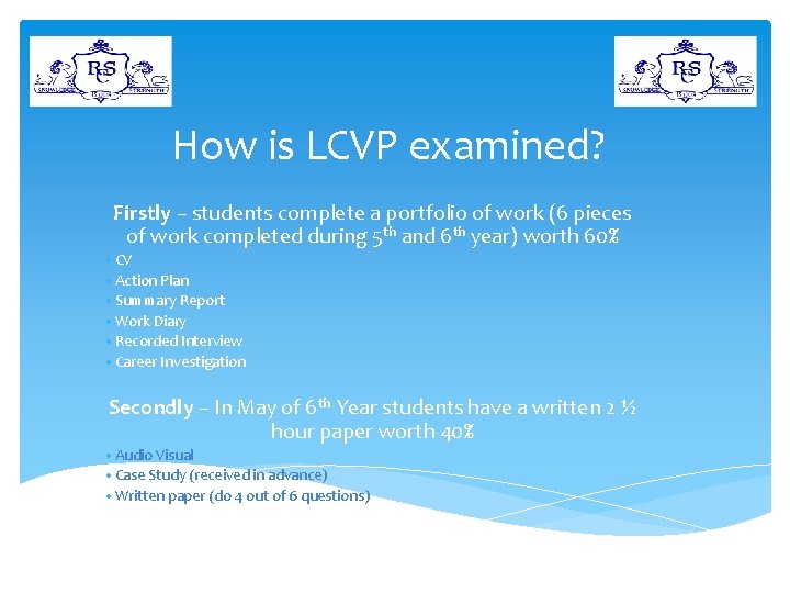 How is LCVP examined? Firstly – students complete a portfolio of work (6 pieces