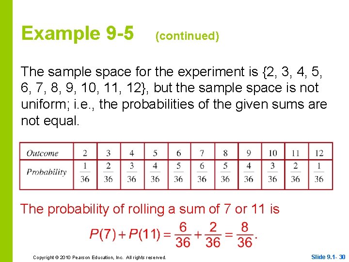 Example 9 -5 (continued) The sample space for the experiment is {2, 3, 4,