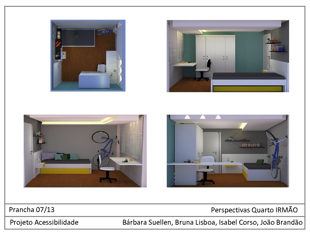 Prancha 07/13 Projeto Acessibilidade Perspectivas Quarto IRMÃO Bárbara Suellen, Bruna Lisboa, Isabel Corso, João