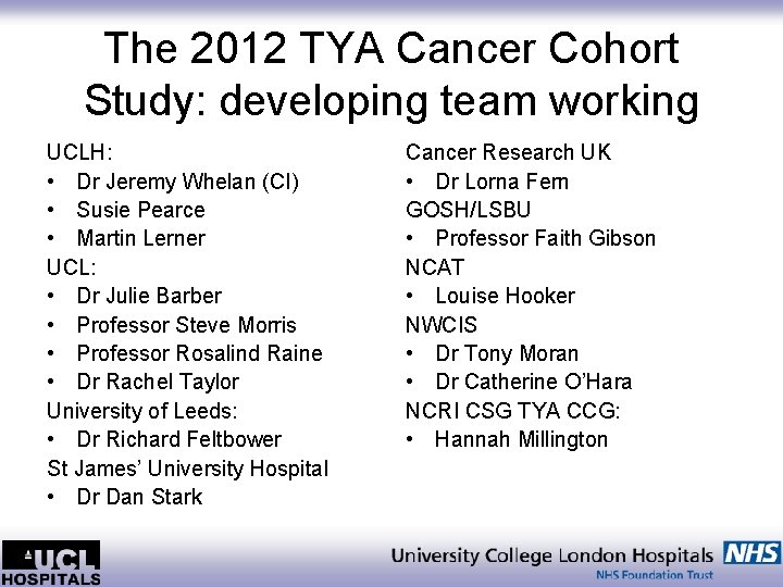 The 2012 TYA Cancer Cohort Study: developing team working UCLH: • Dr Jeremy Whelan