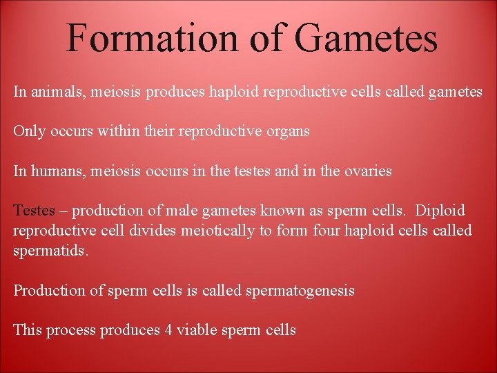 Formation of Gametes In animals, meiosis produces haploid reproductive cells called gametes Only occurs