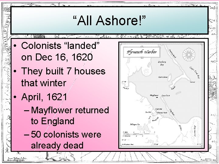 “All Ashore!” • Colonists “landed” on Dec 16, 1620 • They built 7 houses